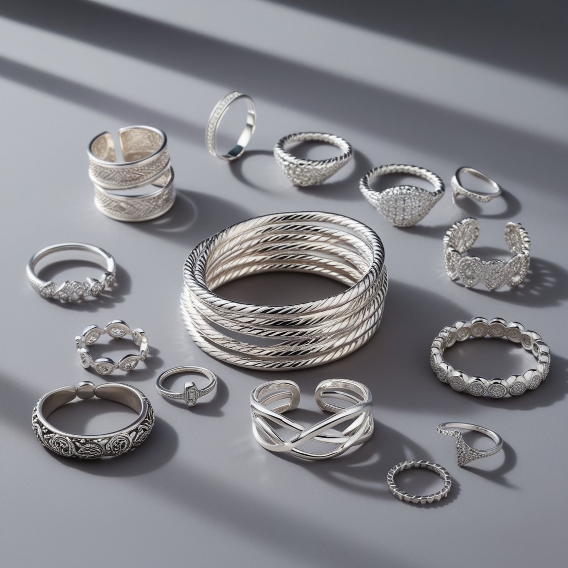 Silver bracelets and rings