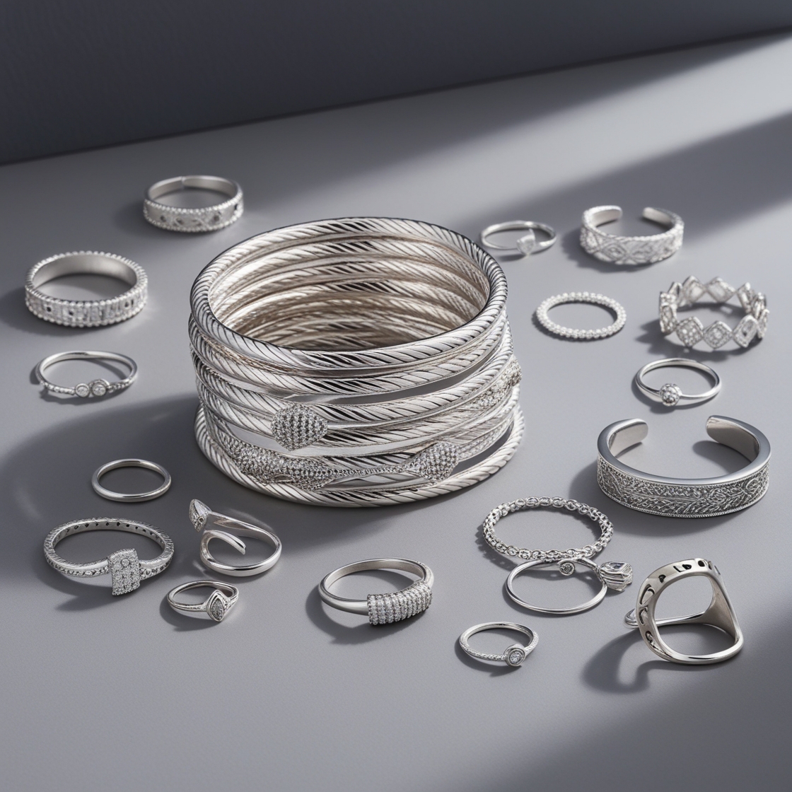 Silver bracelets and rings