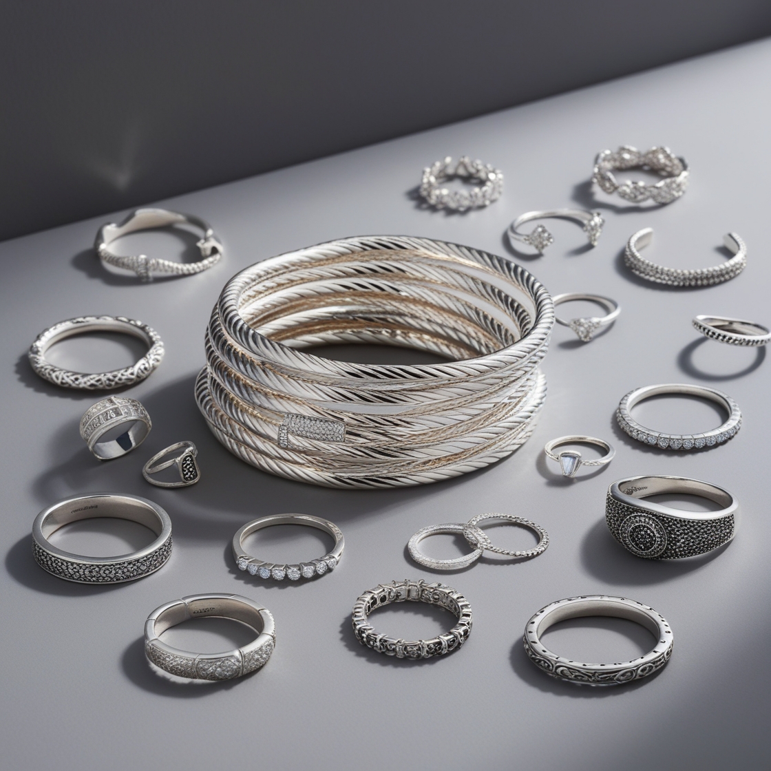 Silver bracelets and rings